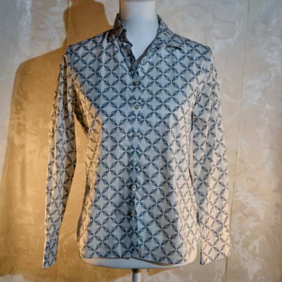 Lands' End Size 6P Petite | No Iron Supima Cotton Blue White Geometric Print - Picture 1 of 6